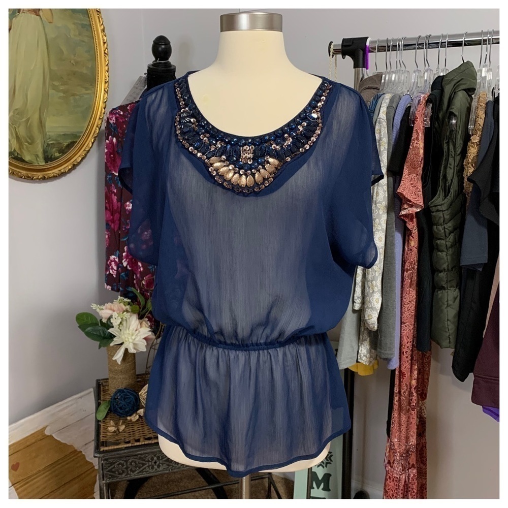 #45 Six Degrees Separation Jeweled Embellished Navy Sheer Peplum Blouse Medium